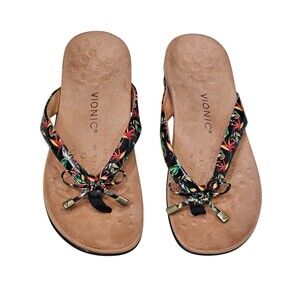 Vionic Sandals Womens 10 Narrow Bella II Flip Flop Black Tropical Slip On Thong